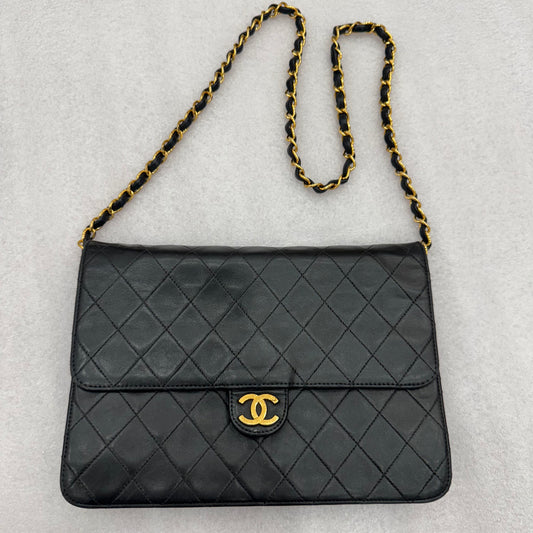 CHANEL Vintage Black Classic Front Flap Lambskin Shoulder Bag