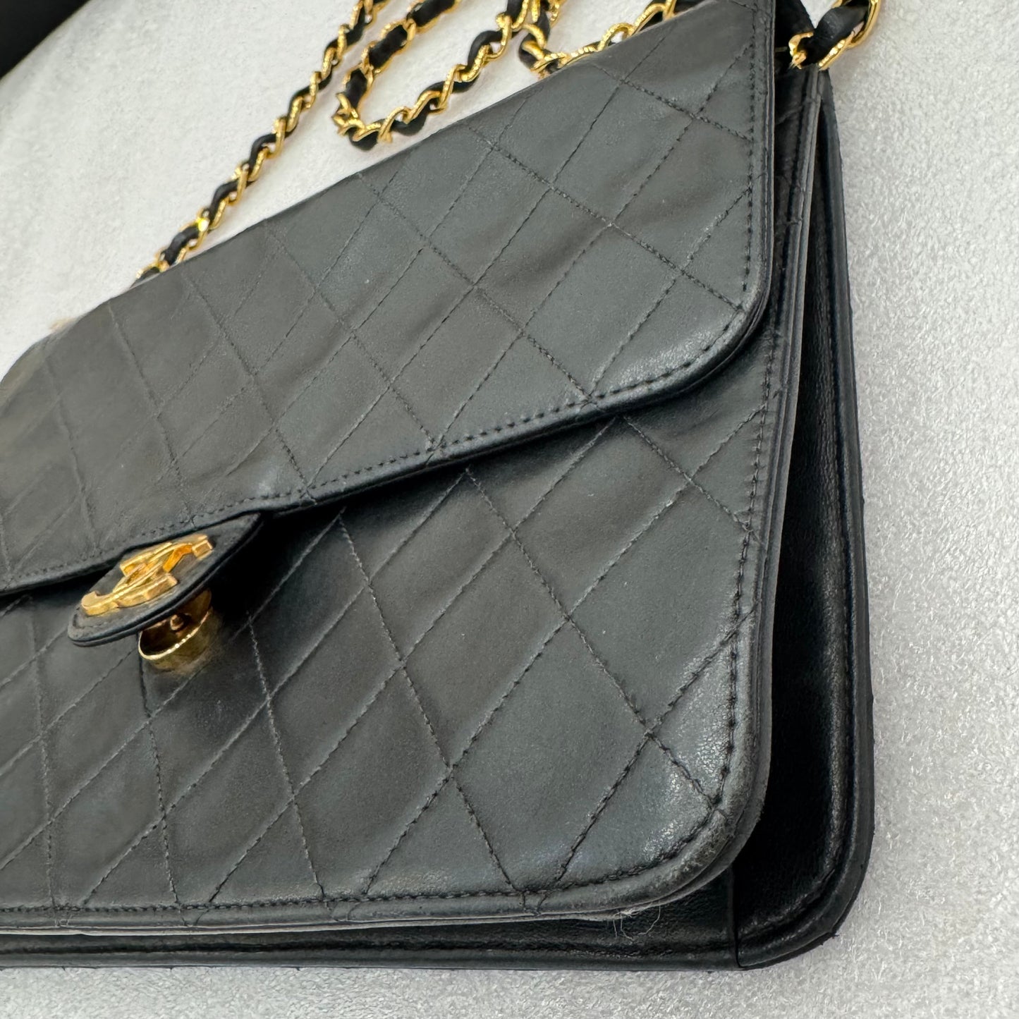 CHANEL Vintage Black Classic Front Flap Lambskin Shoulder Bag