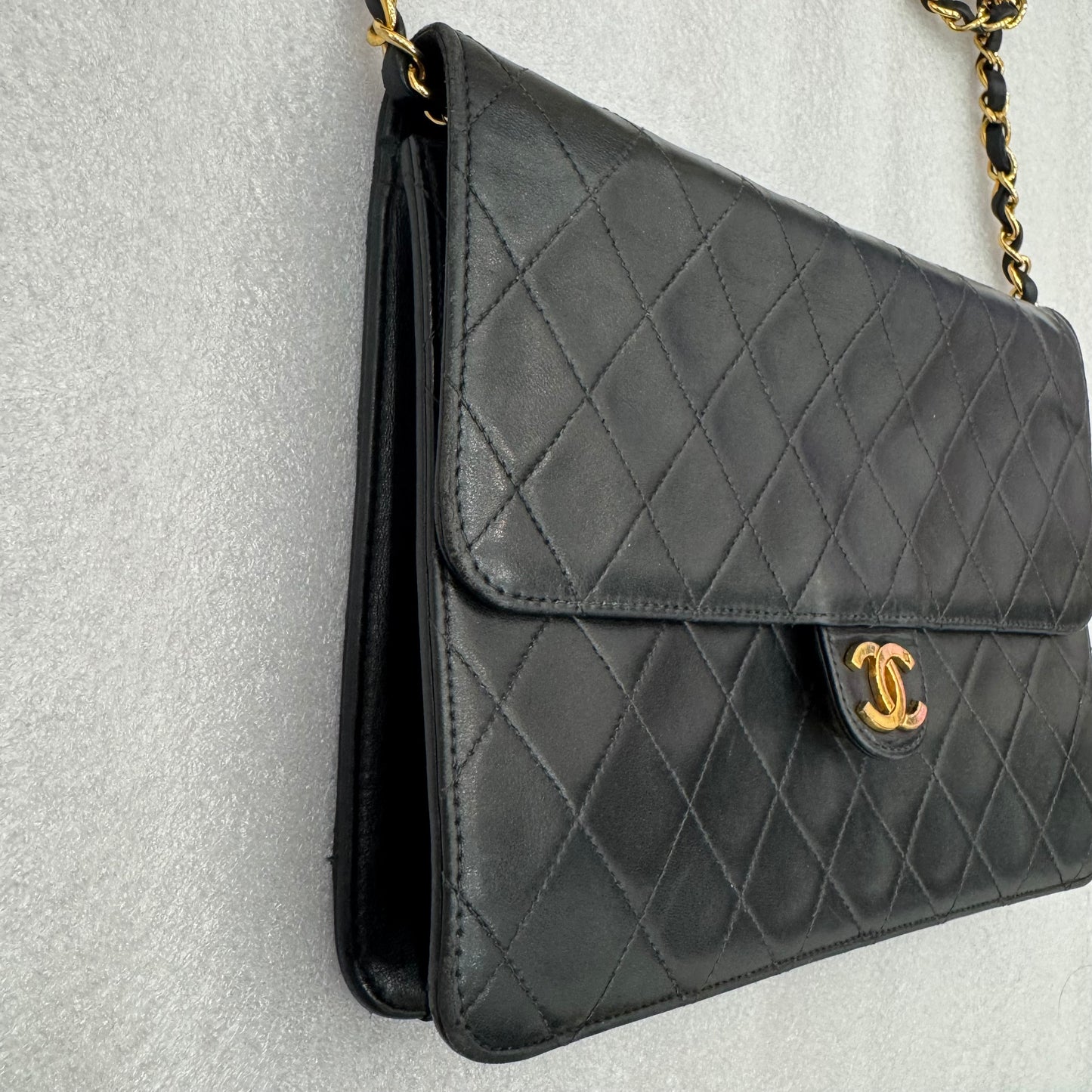 CHANEL Vintage Black Classic Front Flap Lambskin Shoulder Bag