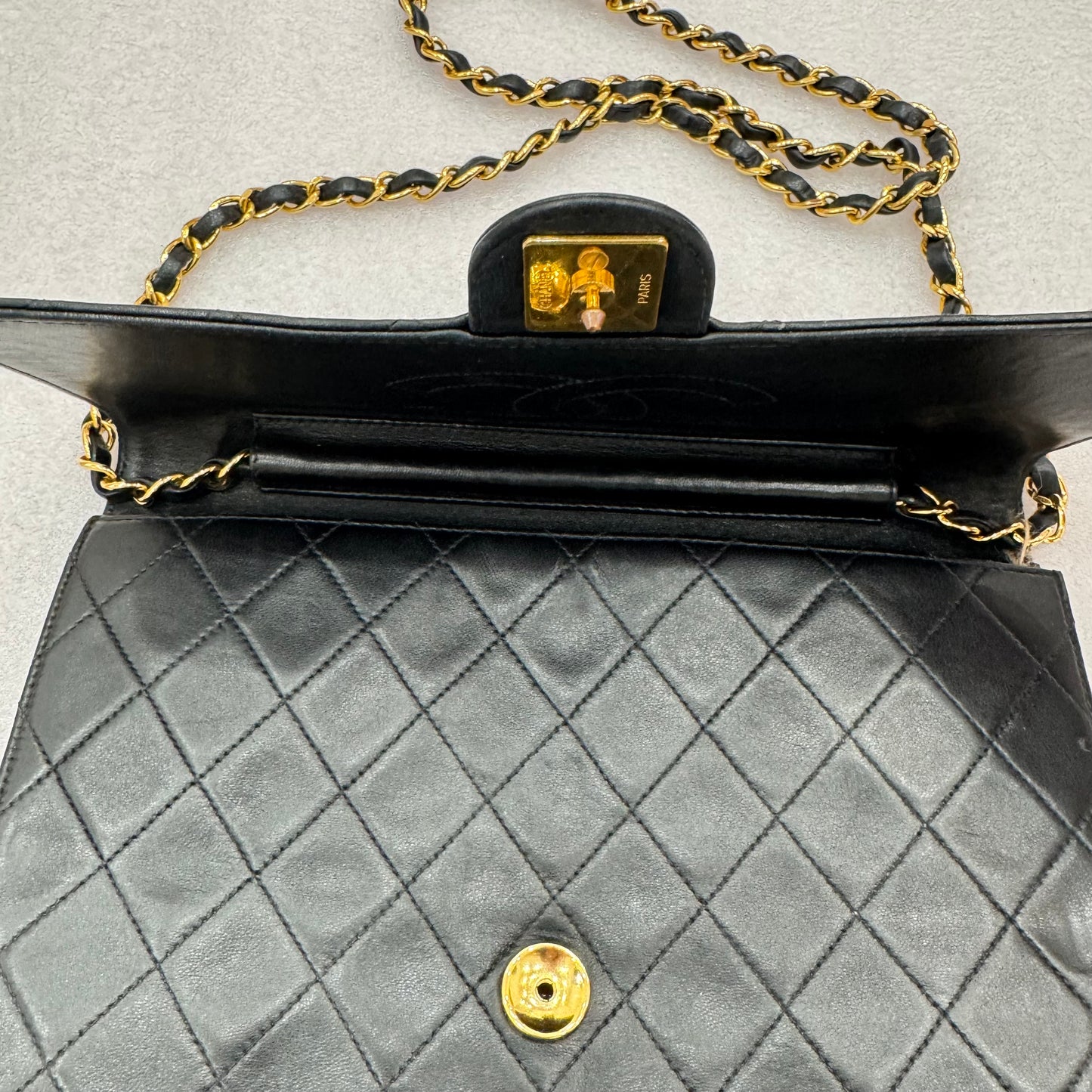 CHANEL Vintage Black Classic Front Flap Lambskin Shoulder Bag