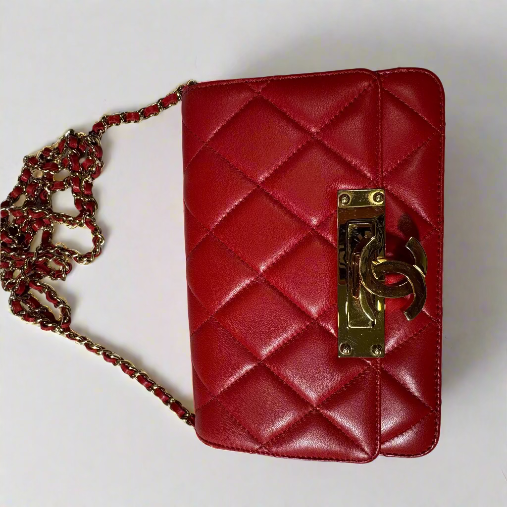 CHANEL large CC Logo clasp quilted red leather crossbody bag