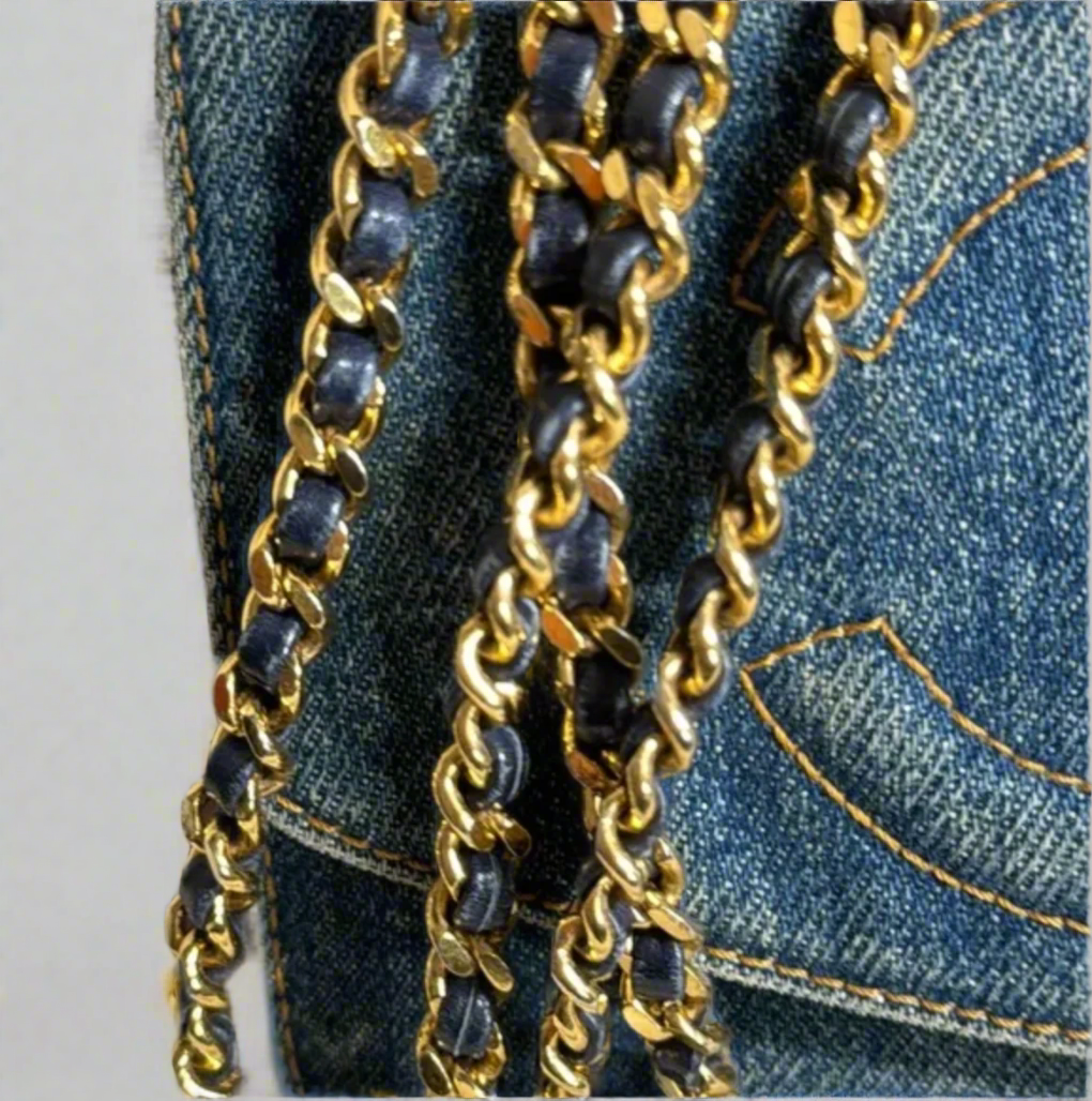 CHANEL blue denim crossbody bag / wallet on chain WOC