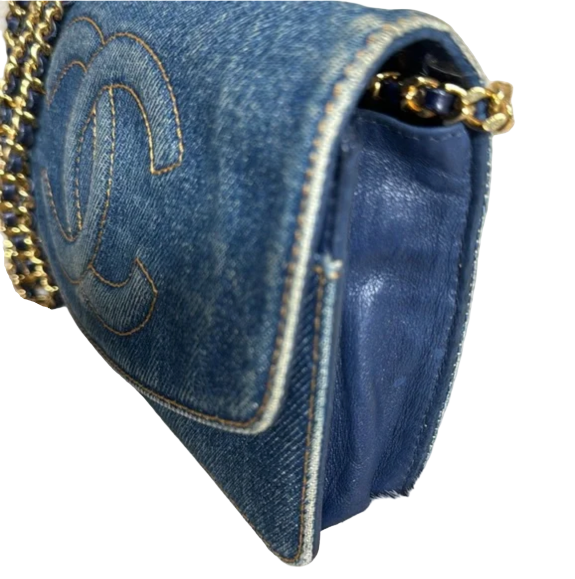 CHANEL blue denim crossbody bag / wallet on chain WOC