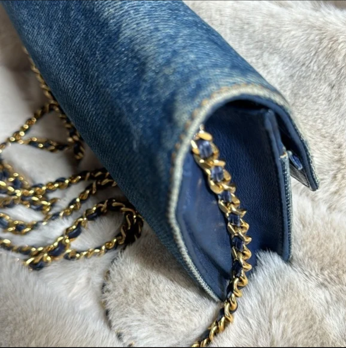 CHANEL blue denim crossbody bag / wallet on chain WOC