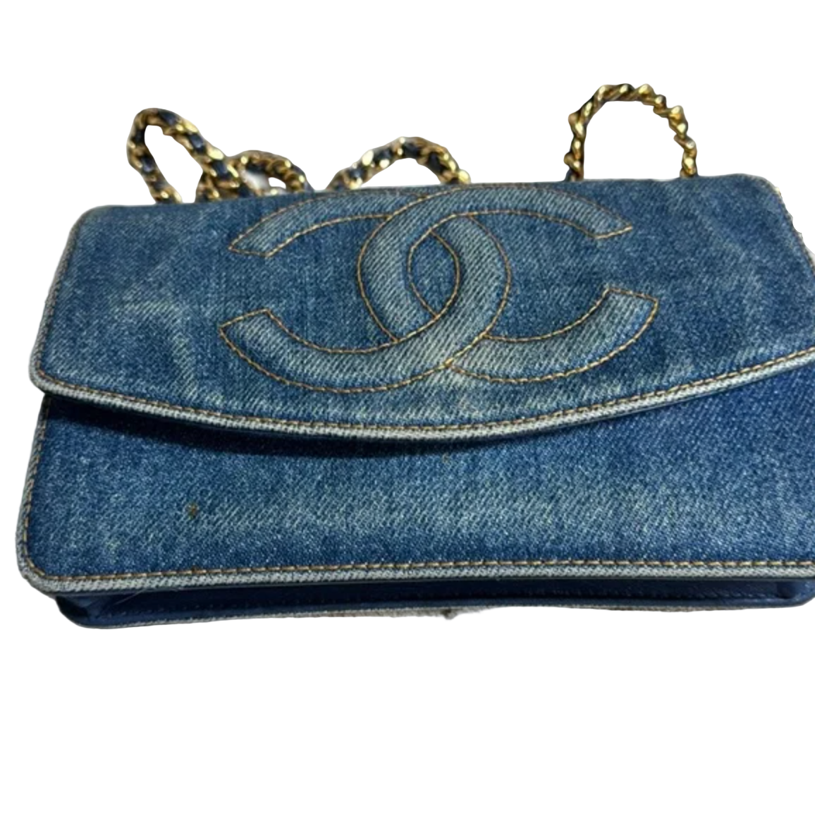 CHANEL blue denim crossbody bag / wallet on chain WOC