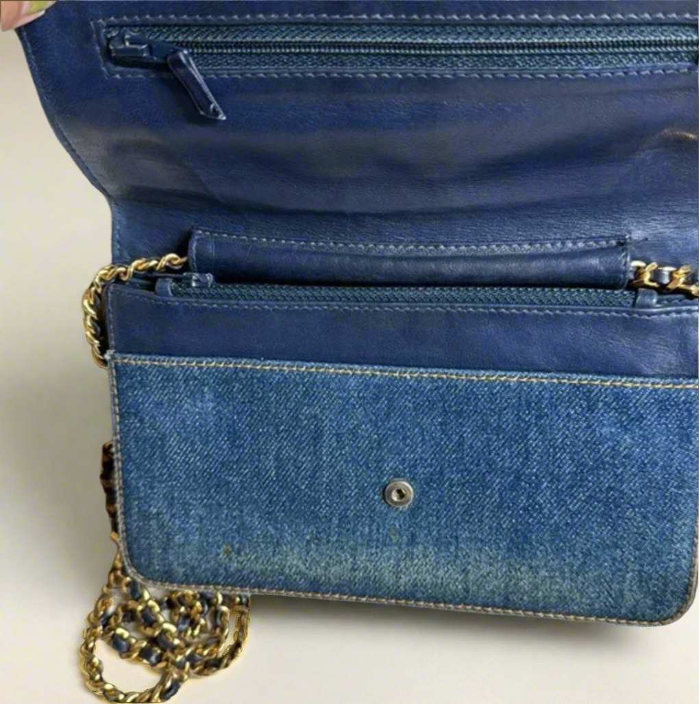 CHANEL blue denim crossbody bag / wallet on chain WOC