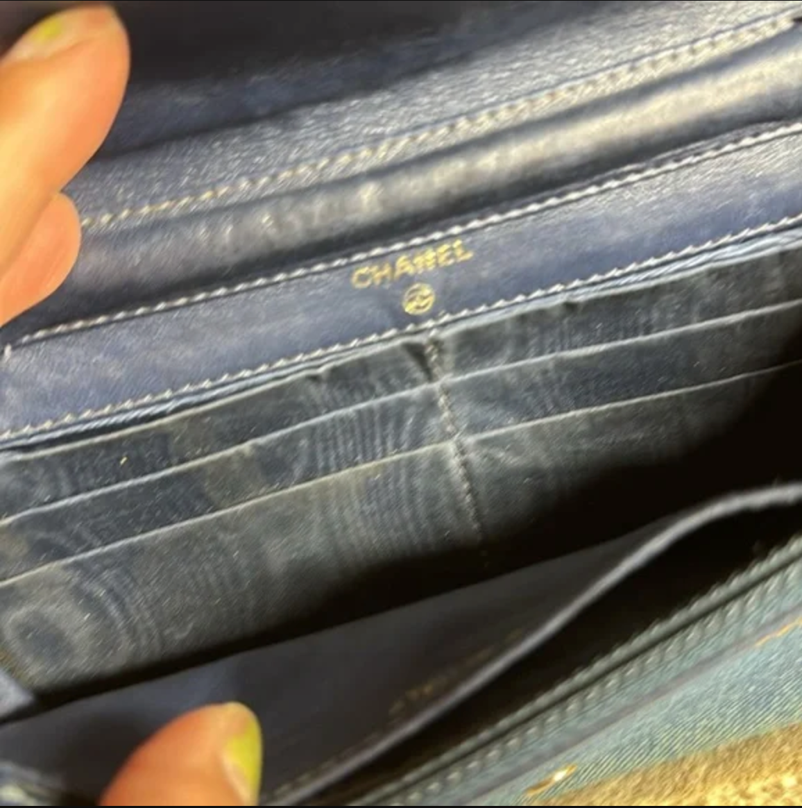 CHANEL blue denim crossbody bag / wallet on chain WOC