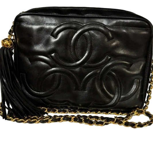 CHANEL Black lambskin Triple CC Shoulder / Crossbody Bag with Tassel