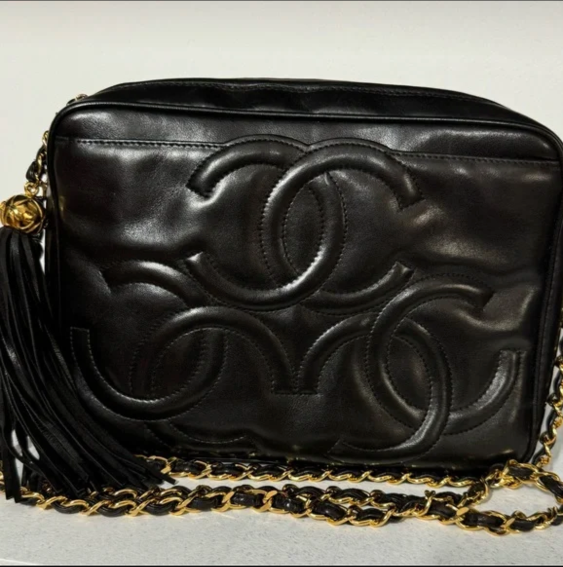 CHANEL Black lambskin Triple CC Shoulder / Crossbody Bag with Tassel