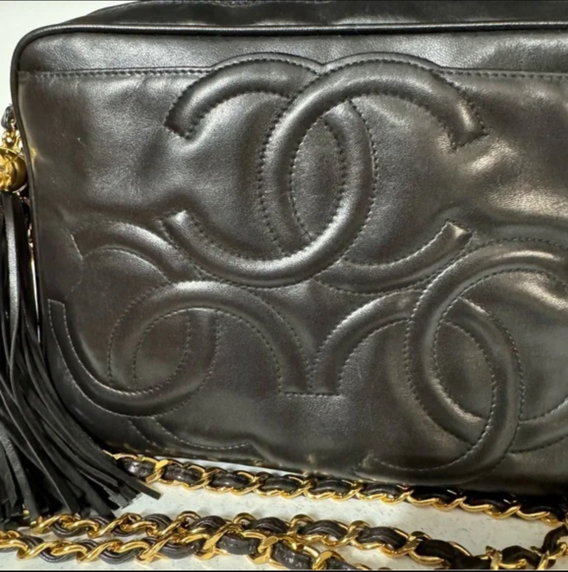 CHANEL Black lambskin Triple CC Shoulder / Crossbody Bag with Tassel