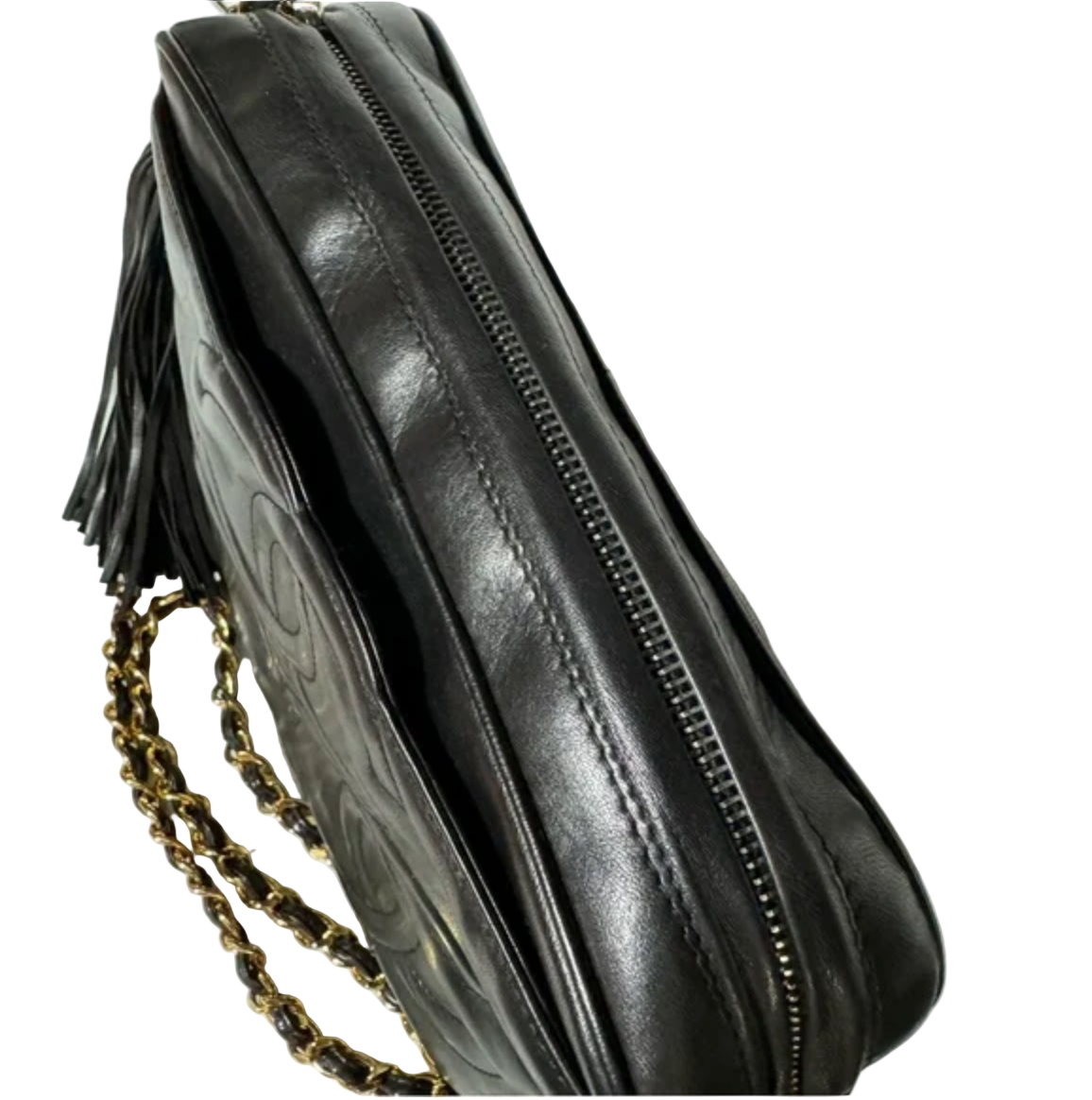CHANEL Black lambskin Triple CC Shoulder / Crossbody Bag with Tassel