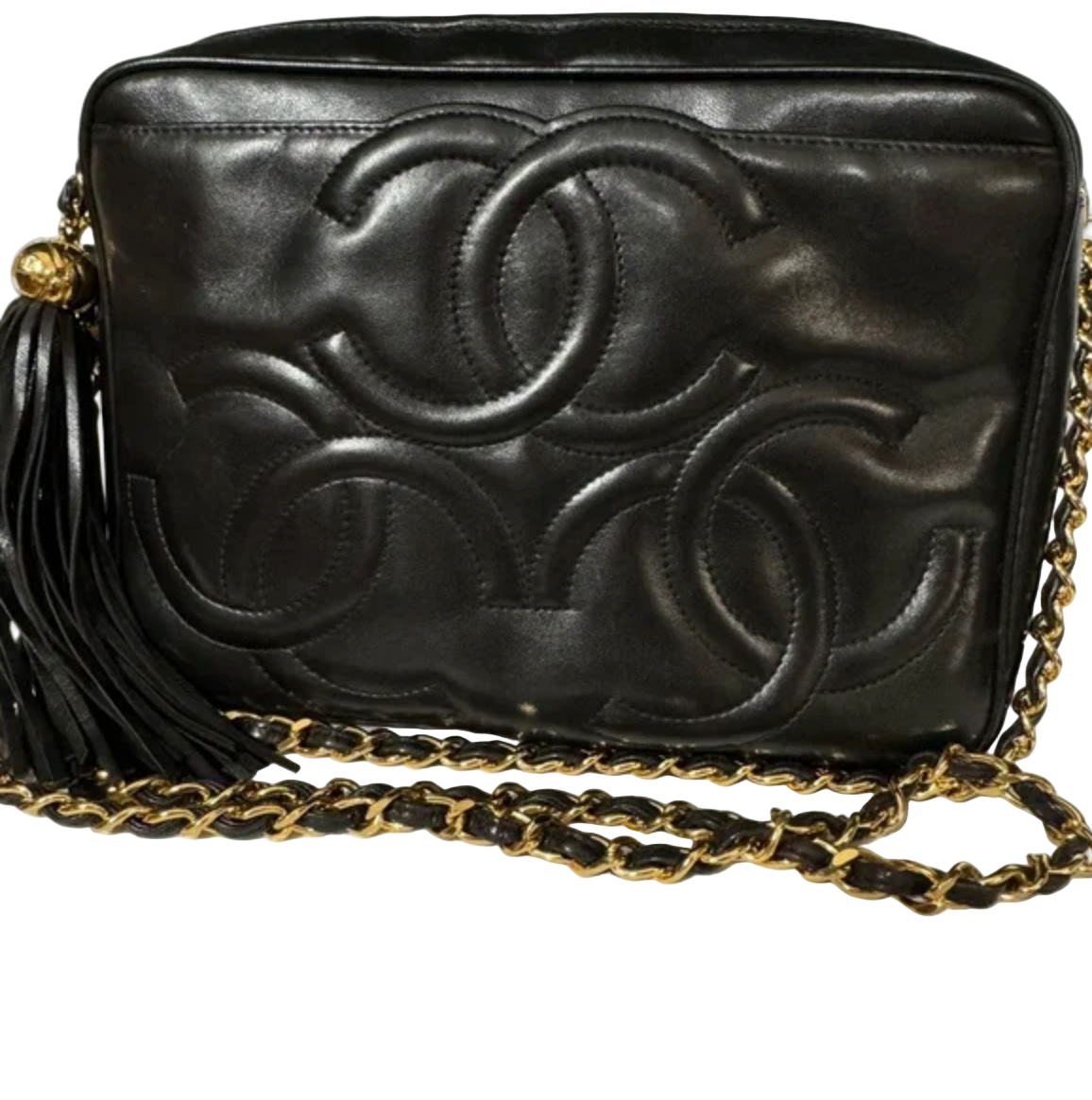CHANEL Black lambskin Triple CC Shoulder / Crossbody Bag with Tassel