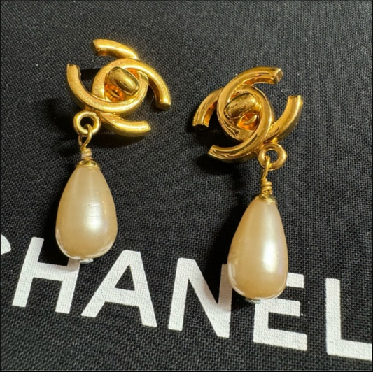 Authentic CHANEL turn lock CC logo with faux pearl dangle earrings