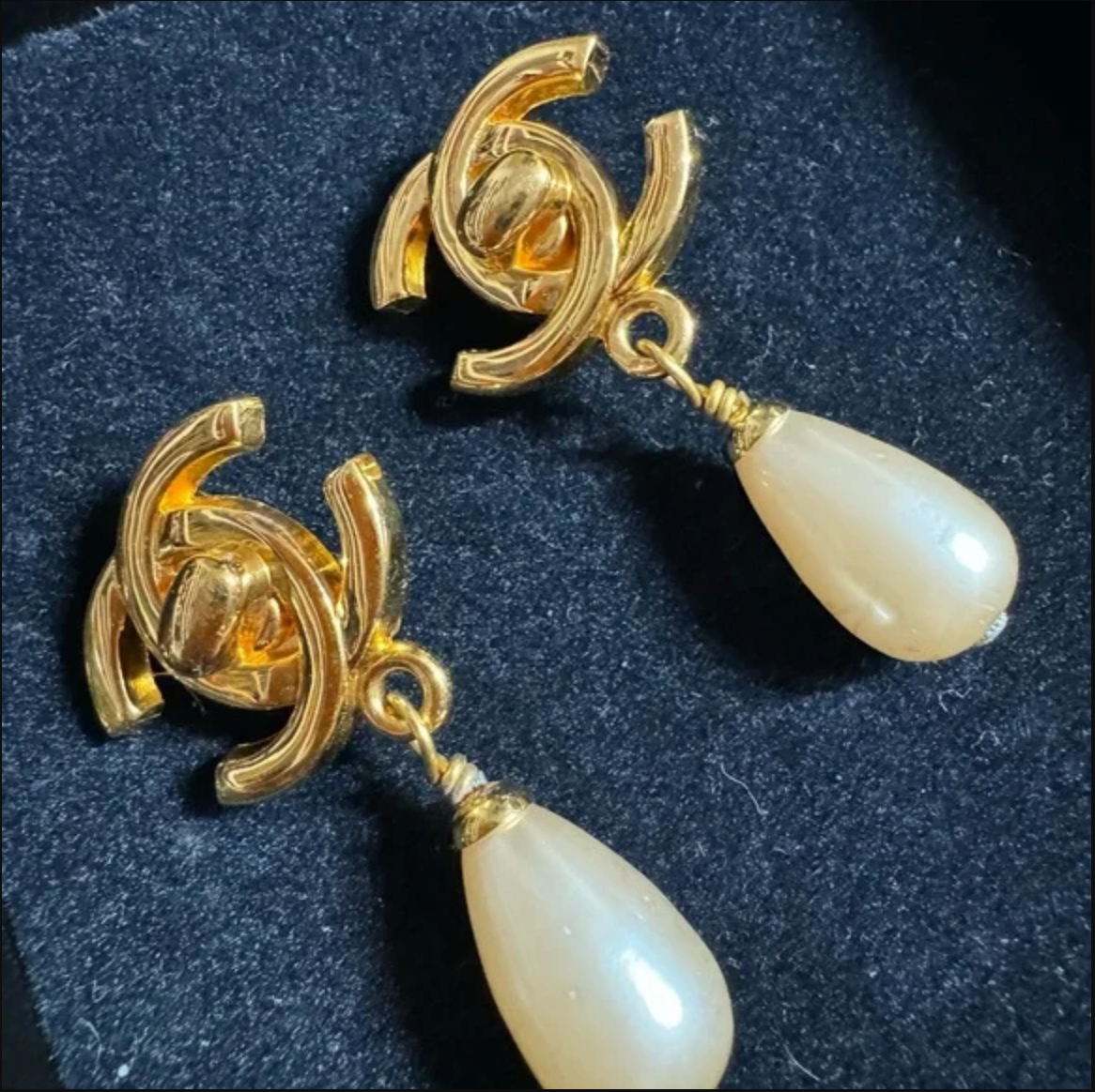Authentic CHANEL turn lock CC logo with faux pearl dangle earrings