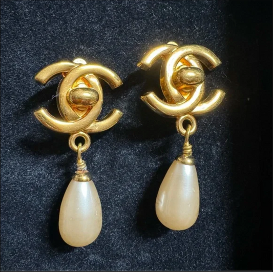 Authentic CHANEL turn lock CC logo with faux pearl dangle earrings