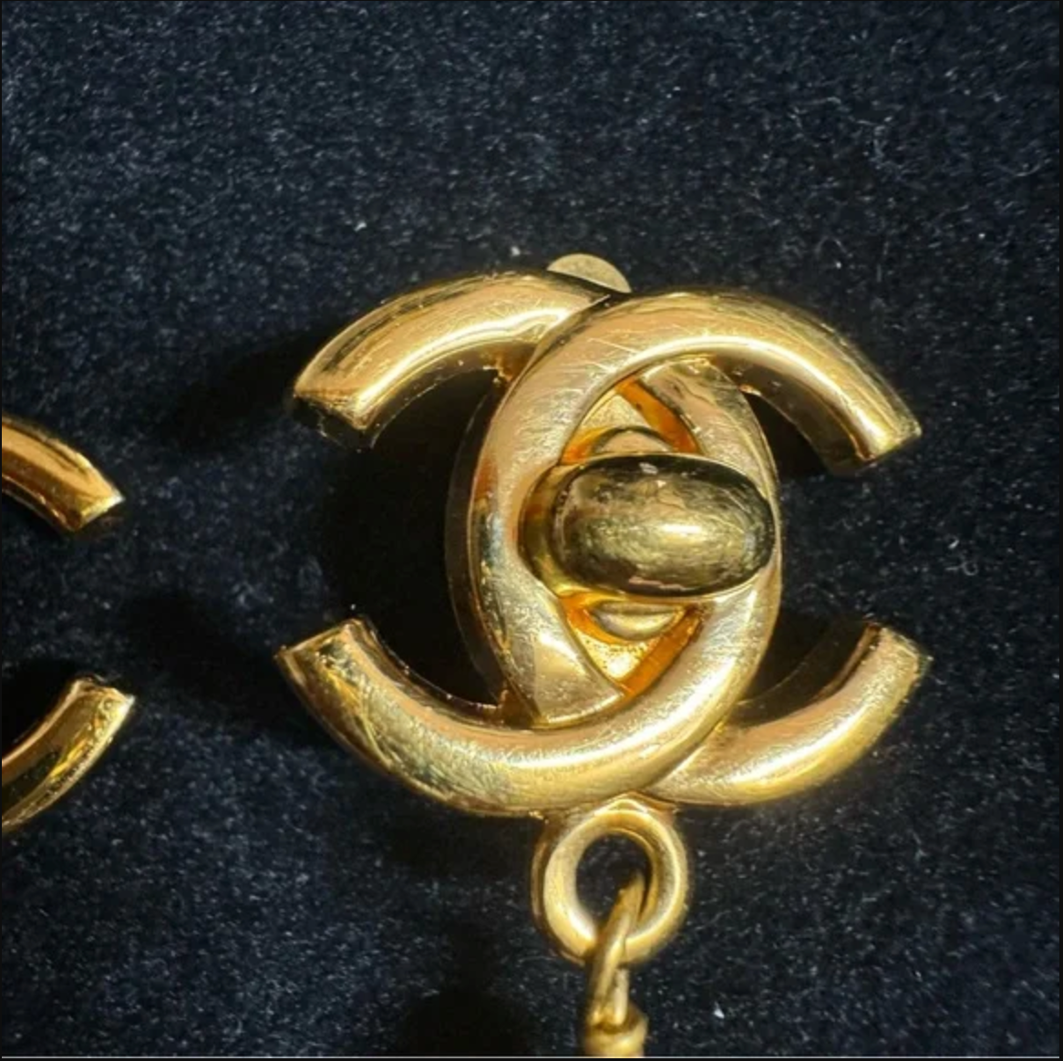 Authentic CHANEL turn lock CC logo with faux pearl dangle earrings
