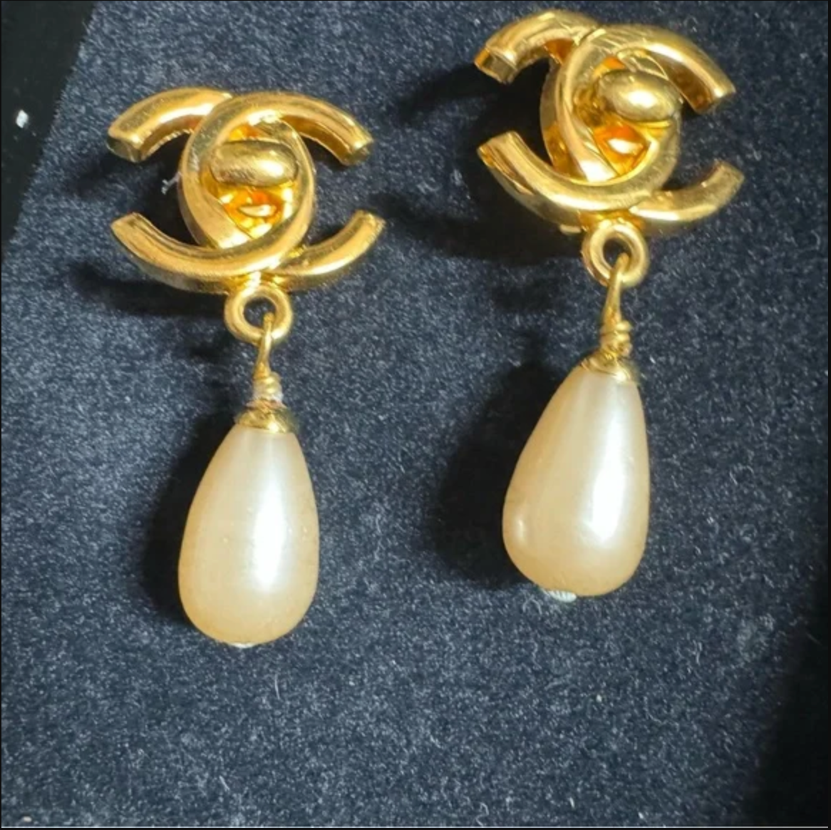 Authentic CHANEL turn lock CC logo with faux pearl dangle earrings