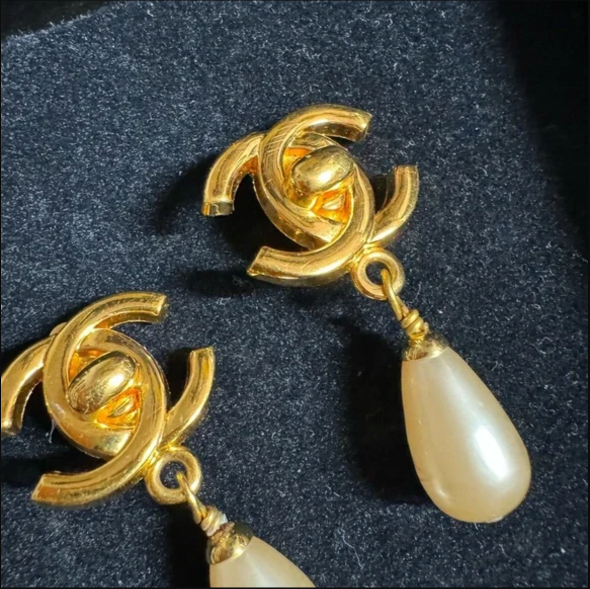 Authentic CHANEL turn lock CC logo with faux pearl dangle earrings