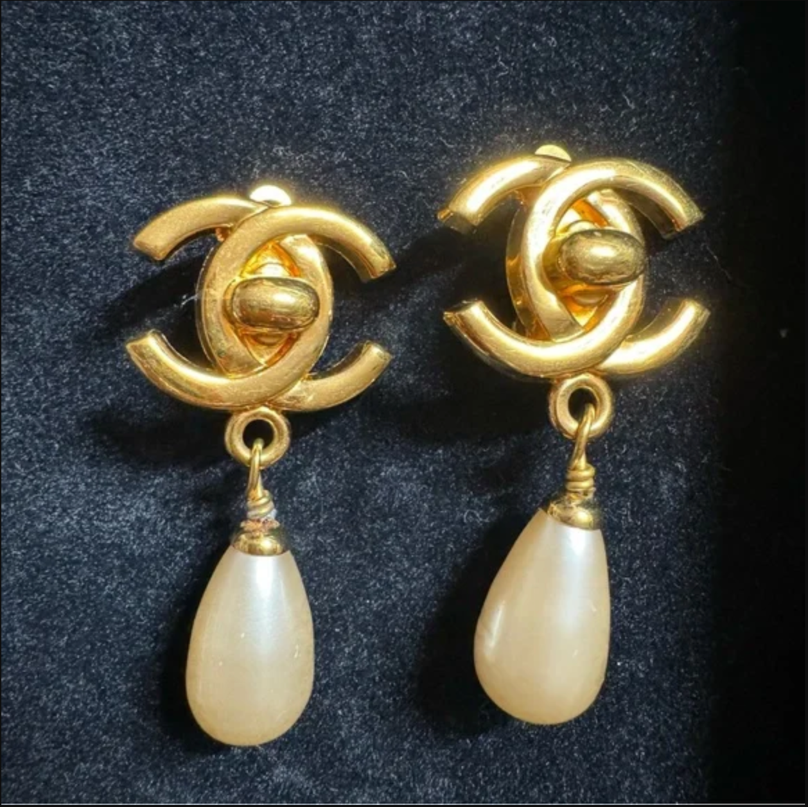 Authentic CHANEL turn lock CC logo with faux pearl dangle earrings