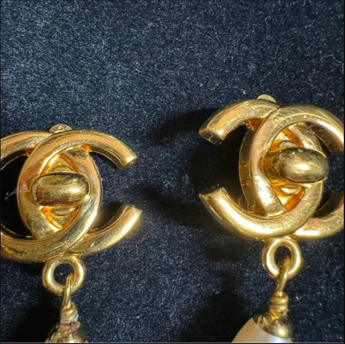 Authentic CHANEL turn lock CC logo with faux pearl dangle earrings