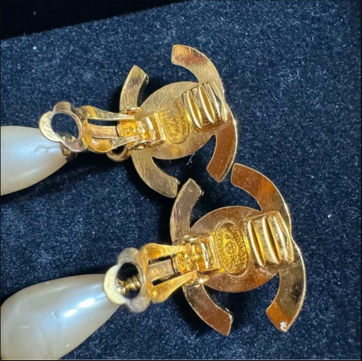 Authentic CHANEL turn lock CC logo with faux pearl dangle earrings