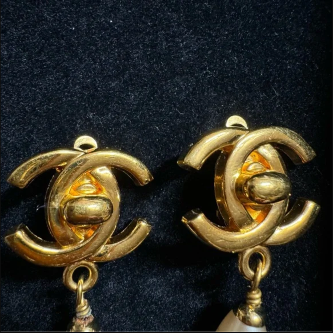 Authentic CHANEL turn lock CC logo with faux pearl dangle earrings