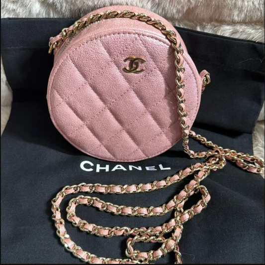 CHANEL quilted pink caviar leather Crossbody round shape bag