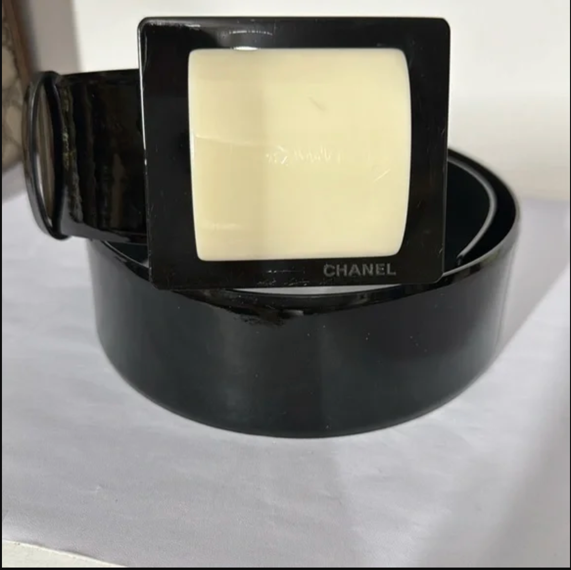 CHANEL black patent leather belt.