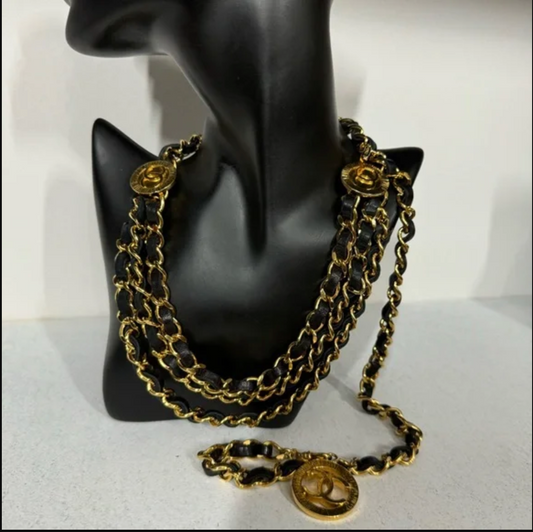 Authentic CHANEL gold toned and black leather necklace / belt.