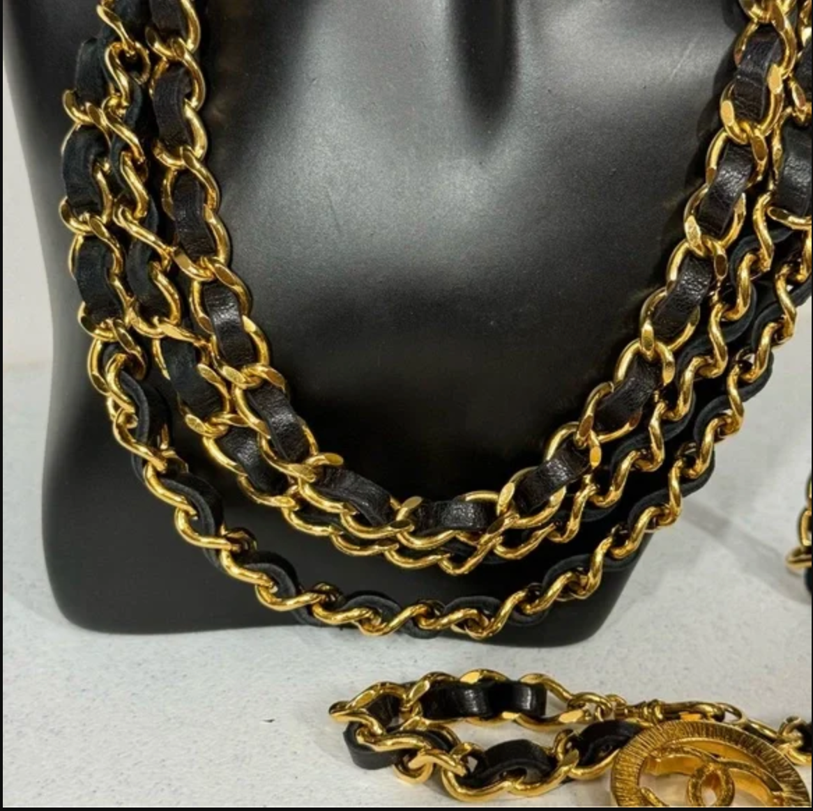Authentic CHANEL gold toned and black leather necklace / belt.