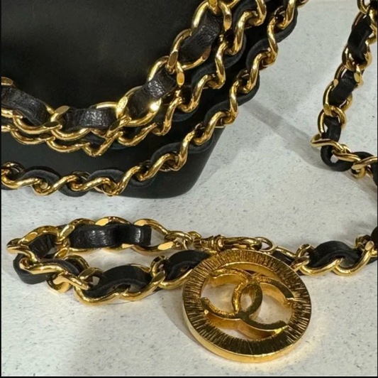 Authentic CHANEL gold toned and black leather necklace / belt.