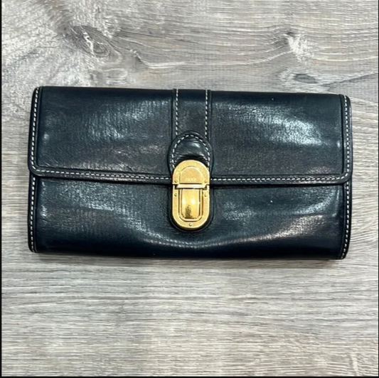 Louis Vuitton Vintage Long Black Leather Wallet with Gold Lock
