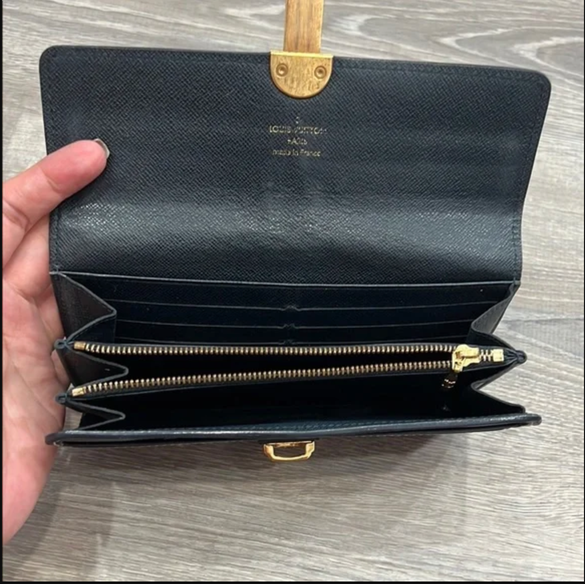 Louis Vuitton Vintage Long Black Leather Wallet with Gold Lock