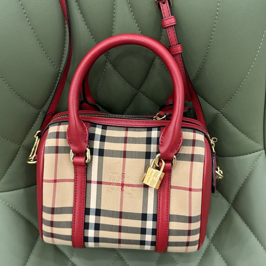 Burberry Red and Tan Satchel with Iconic Check Pattern