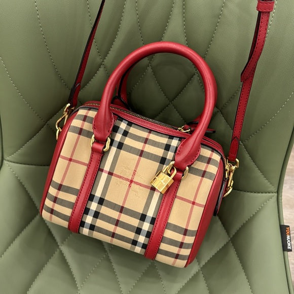 Burberry Red and Tan Satchel with Iconic Check Pattern