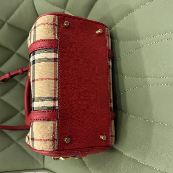 Burberry Red and Tan Satchel with Iconic Check Pattern