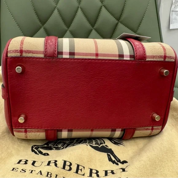Burberry Red and Tan Satchel with Iconic Check Pattern
