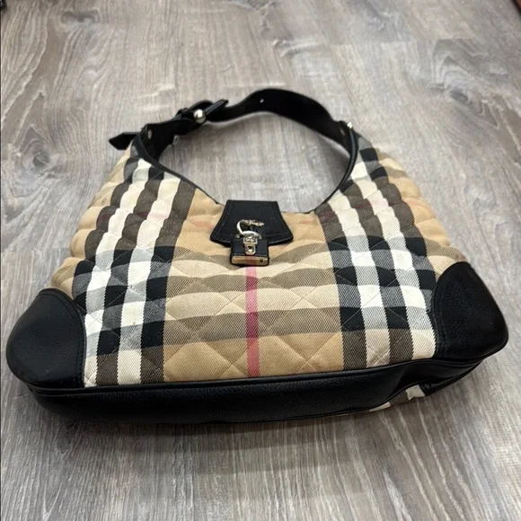 Burberry Tan and Black Shoulder Bag with Iconic Check Pattern