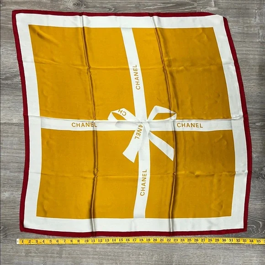 CHANEL Mustard and Burgundy Silk Scarf
