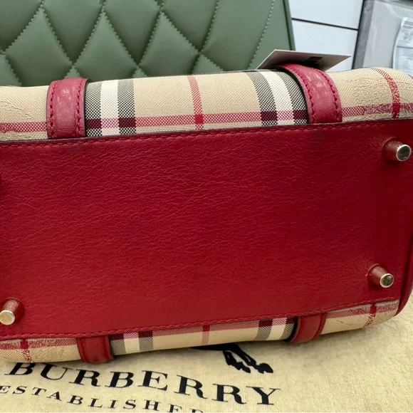 Burberry Red and Tan Satchel with Iconic Check Pattern