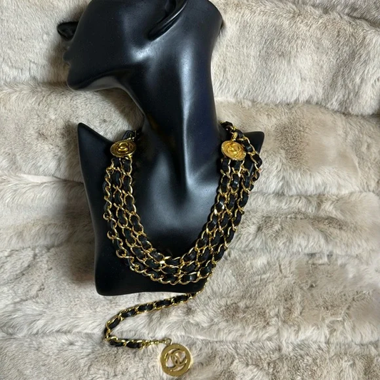 CHANEL black leather and gold-toned metal & medallions BELT/necklace.