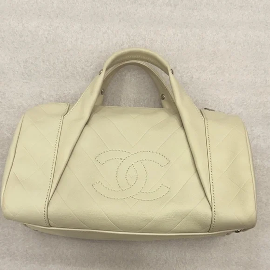 CHANEL CC cream chevron Boston bowler bag