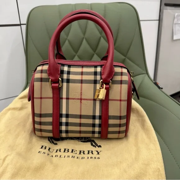 Burberry Red and Tan Satchel with Iconic Check Pattern
