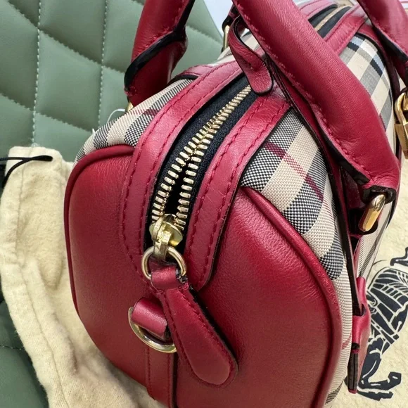 Burberry Red and Tan Satchel with Iconic Check Pattern