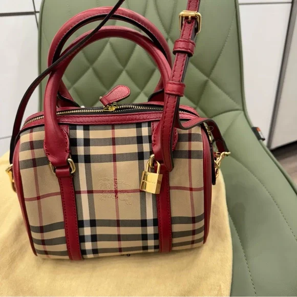 Burberry Red and Tan Satchel with Iconic Check Pattern