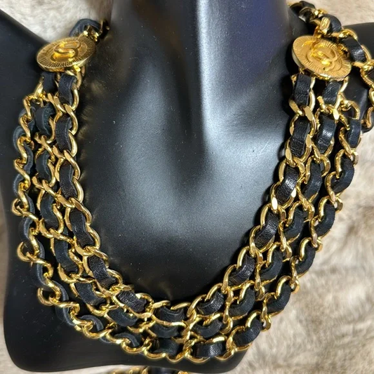 CHANEL black leather and gold-toned metal & medallions BELT/necklace.