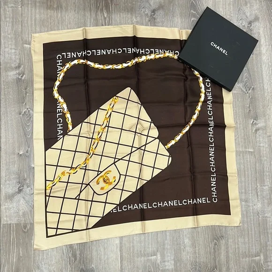 CHANEL Beige and Brown Scarf with Chain Motif