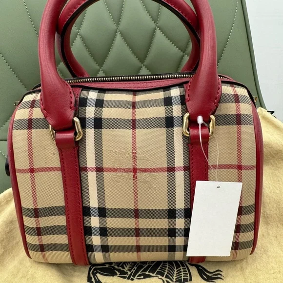 Burberry Red and Tan Satchel with Iconic Check Pattern