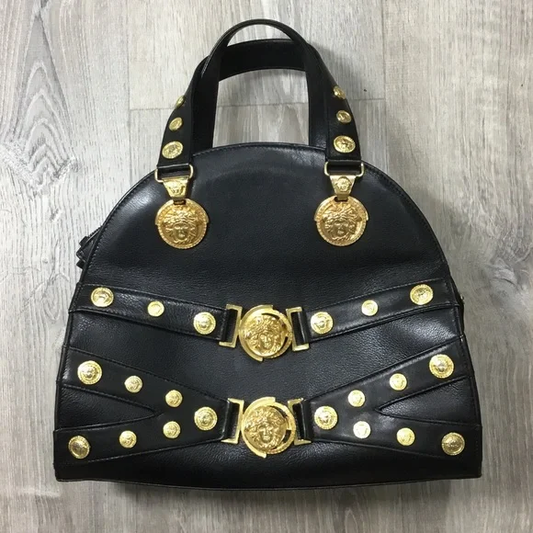 Versace Black Handbag with Gold Medallions