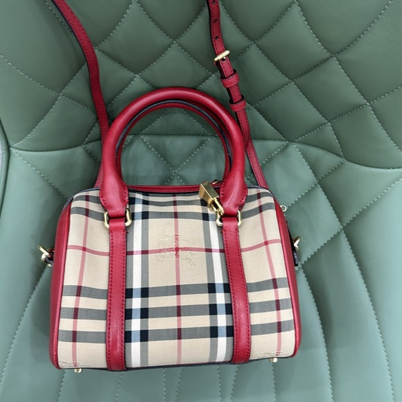 Burberry Red and Tan Satchel with Iconic Check Pattern